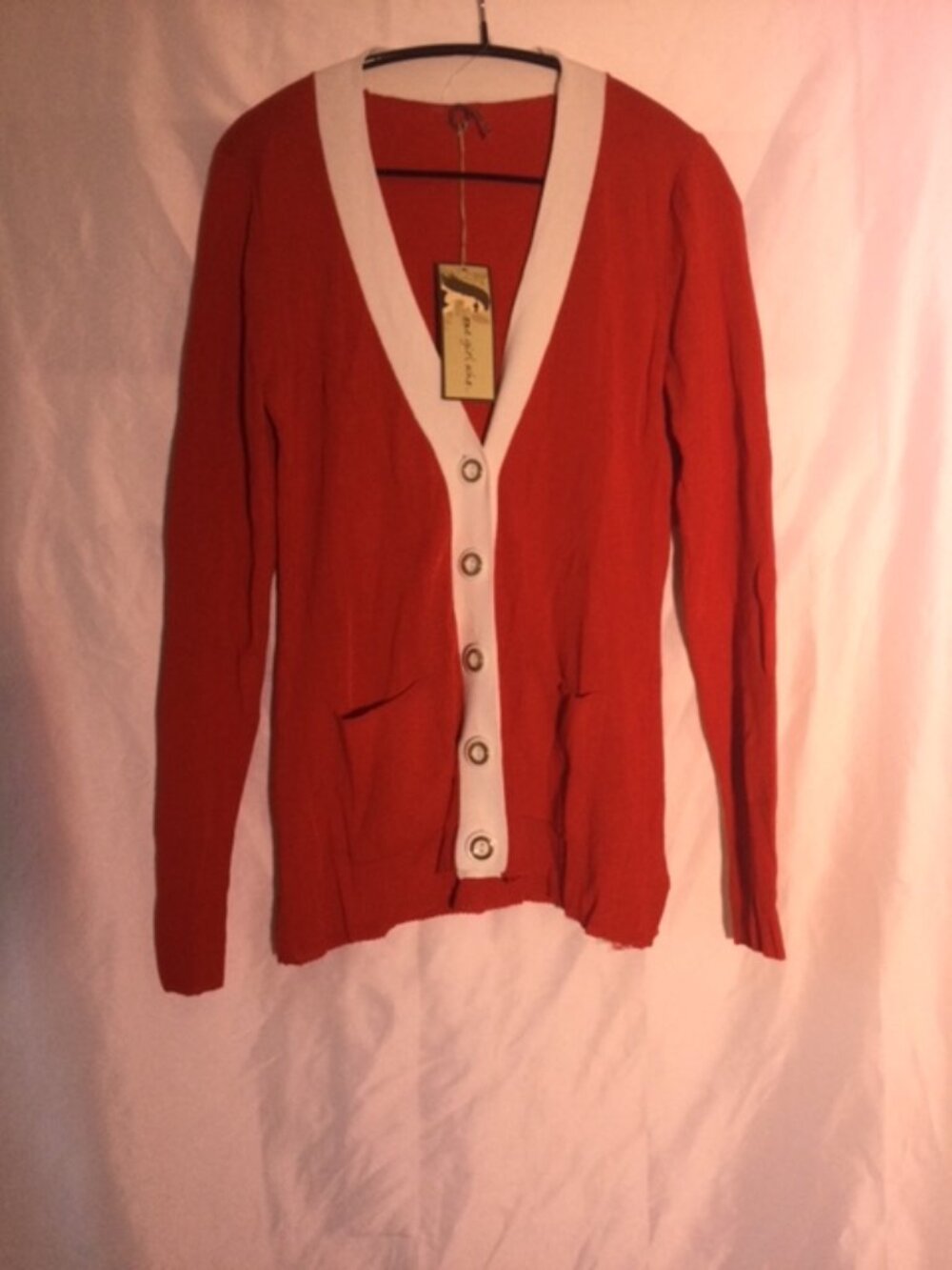 One Girl Who Red White Cardigan Sweater S/P NWT